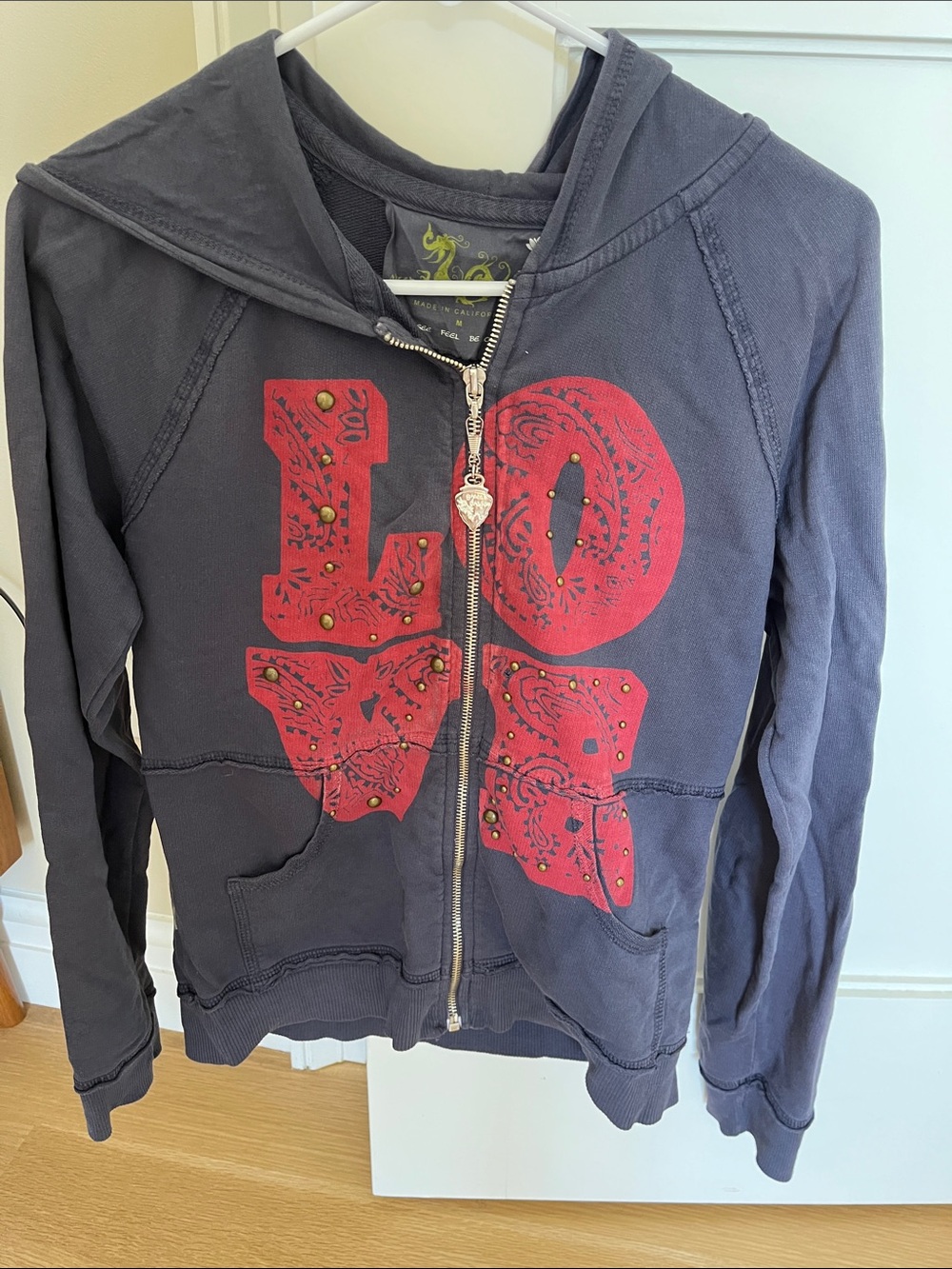 Women's dark Gray Zip-Up Hoodie with Red LOVE Graphic